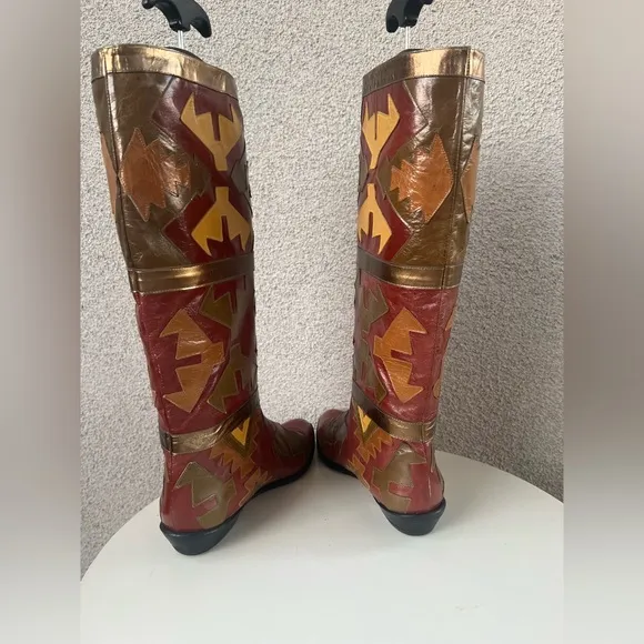 Vtg New Wave Zalo tall leather boots southwestern design metallic burgundy 8.5B
