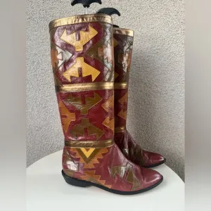 Vtg New Wave Zalo tall leather boots southwestern design metallic burgundy 8.5B