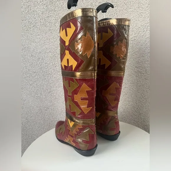 Vtg New Wave Zalo tall leather boots southwestern design metallic burgundy 8.5B