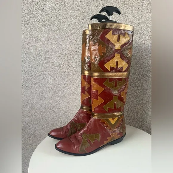 Vtg New Wave Zalo tall leather boots southwestern design metallic burgundy 8.5B