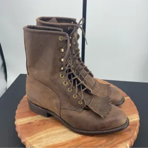 Vtg Packer Lace Up Western kiltie Work brown Leather Mens Boots 7.5 EW wide