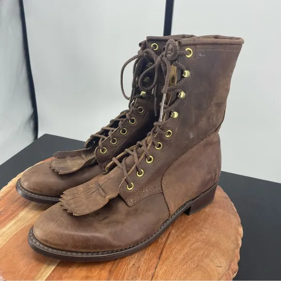 Vtg Packer Lace Up Western kiltie Work brown Leather Mens Boots 7.5 EW wide