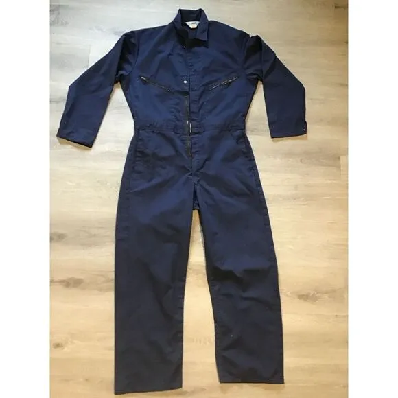 Vtg Sears Work Leisure Zip Up Coveralls Navy Mechanic Zipper Snap Mens Size 40 R