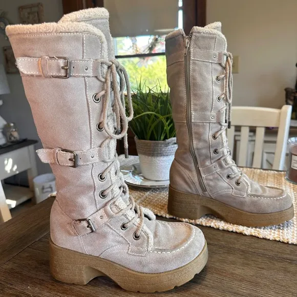 VTG Y2K Icon REPORT Norfolk Sleigh Platform Tall Boots Lace-up Buckle Tan Size 6