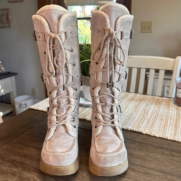 VTG Y2K Icon REPORT Norfolk Sleigh Platform Tall Boots Lace-up Buckle Tan Size 6
