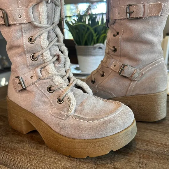 VTG Y2K Icon REPORT Norfolk Sleigh Platform Tall Boots Lace-up Buckle Tan Size 6