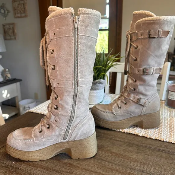 VTG Y2K Icon REPORT Norfolk Sleigh Platform Tall Boots Lace-up Buckle Tan Size 6
