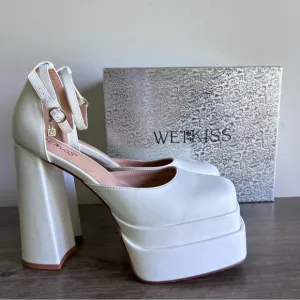 Wetkiss White Stacked Platform Women’s Chunk Heel Strap Shoe Size 11 #B1507