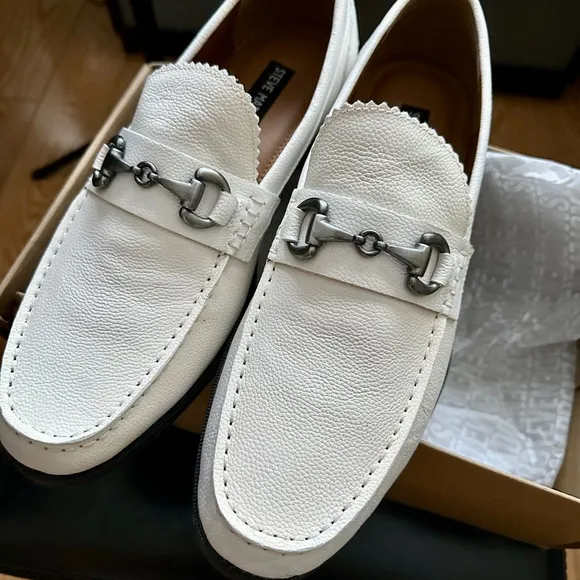 White Leather Loafers with Metal Accent