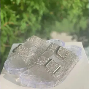 Wild Diva Lounge Clear Rhinestone Slide Sandals
