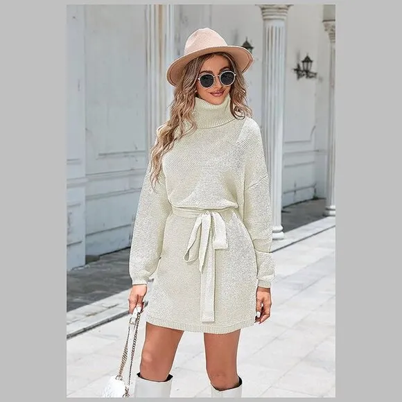 Women's 2024 Fall Sweater Dresses Turtleneck Batwing White