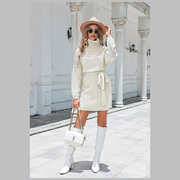 Women's 2024 Fall Sweater Dresses Turtleneck Batwing White