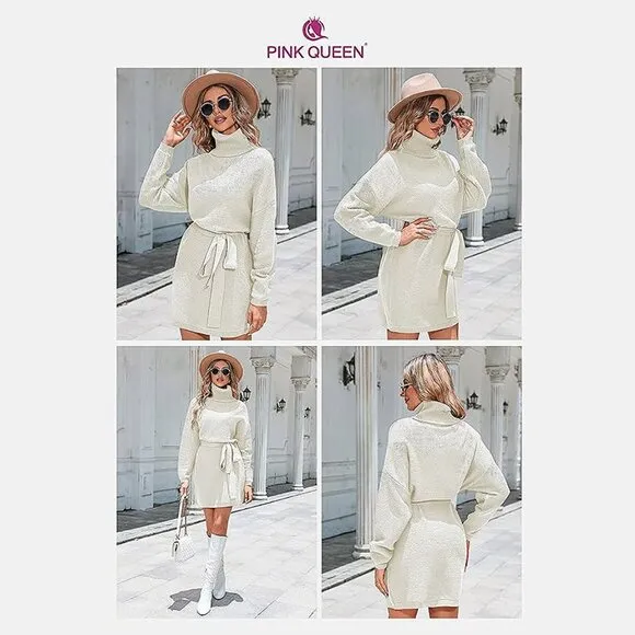 Women's 2024 Fall Sweater Dresses Turtleneck Batwing White