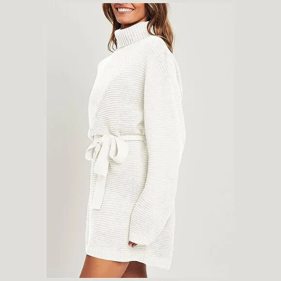 Women's 2024 Fall Sweater Dresses Turtleneck Batwing White