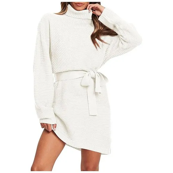 Women's 2024 Fall Sweater Dresses Turtleneck Batwing White