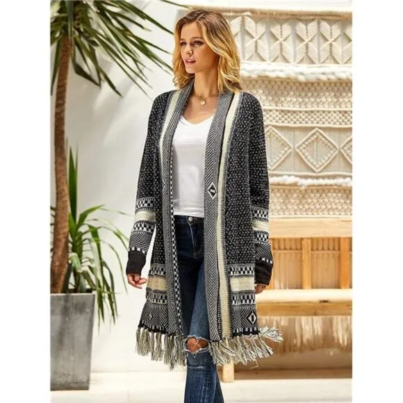 Women's Cardigan Sweater Long Open Front  Knit Sweaters Aztec Tassel Thin Coat