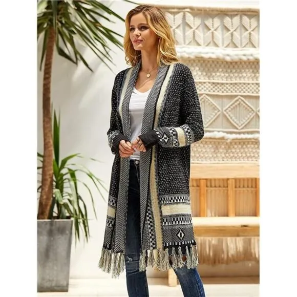 Women's Cardigan Sweater Long Open Front  Knit Sweaters Aztec Tassel Thin Coat