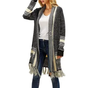 Women's Cardigan Sweater Long Open Front  Knit Sweaters Aztec Tassel Thin Coat