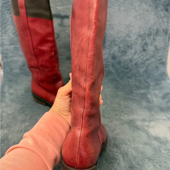 Women’s Dries Van Noten Red And Black Riding Boots Size 5.5 Luxury Leather