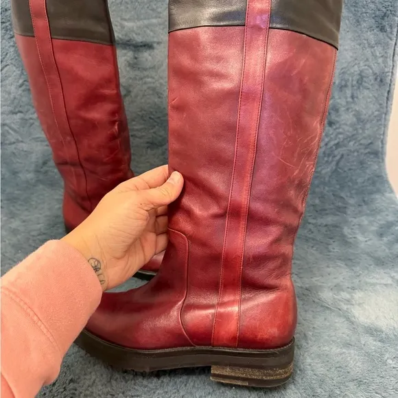 Women’s Dries Van Noten Red And Black Riding Boots Size 5.5 Luxury Leather