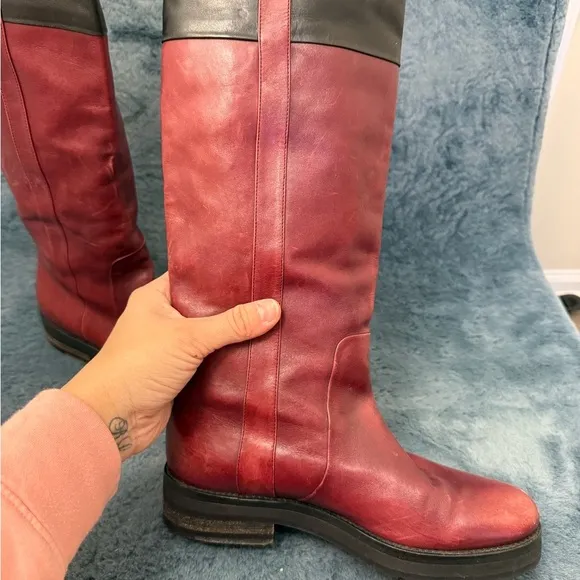 Women’s Dries Van Noten Red And Black Riding Boots Size 5.5 Luxury Leather
