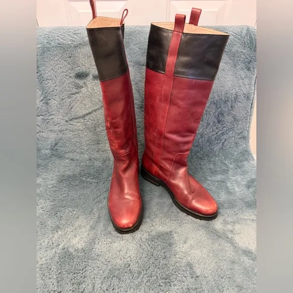 Women’s Dries Van Noten Red And Black Riding Boots Size 5.5 Luxury Leather