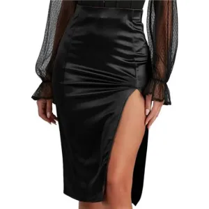 Women's High Waist Front Slit Bodycon Skirt Black Work Midi Skirt