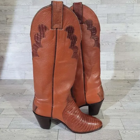 Women's Justin Western Exotic Iguana Brown Lizard Leather Cowboy Boots Size 5.5