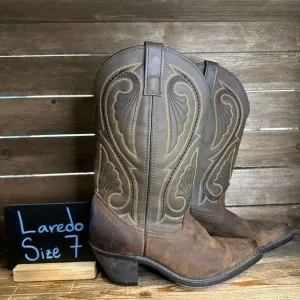 Womens Laredo Lea Vamp Fox Leather Brown Casual Heeled Cowboy Boots Size 7 M GUC