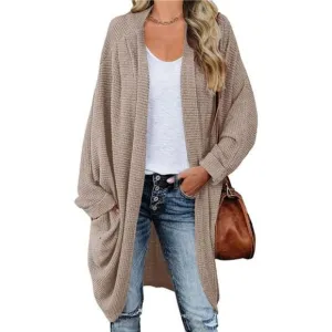 Women's Open Front Knit Cardigan Long Batwing Sleeve Coat, Khaki