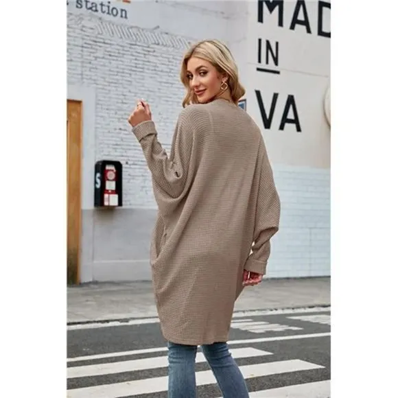 Women's Open Front Knit Cardigan Long Batwing Sleeve Coat, Khaki