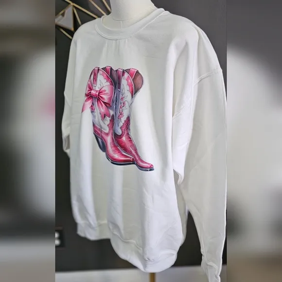 Women's Pink Cowboy Boots With Bow Western Sweatshirt