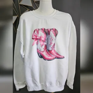 Women's Pink Cowboy Boots With Bow Western Sweatshirt
