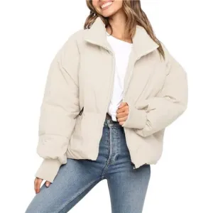 Women’s Winter Warm Cropped Puffer Jacket – Zip-Up, Drawstring, Baggy Outerwear