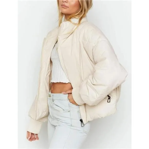 Women’s Winter Warm Cropped Puffer Jacket – Zip-Up, Drawstring, Baggy Outerwear