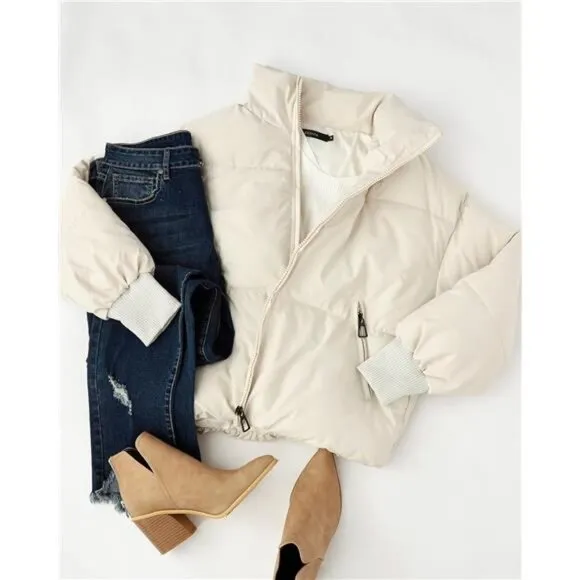 Women’s Winter Warm Cropped Puffer Jacket – Zip-Up, Drawstring, Baggy Outerwear
