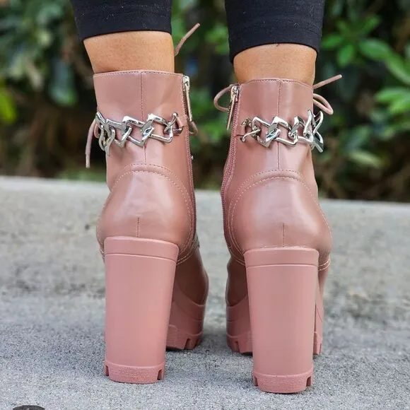 Women's Nude Platform Heel Boots Chunky Ankle Lace Up