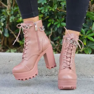 Women's Nude Platform Heel Boots Chunky Ankle Lace Up