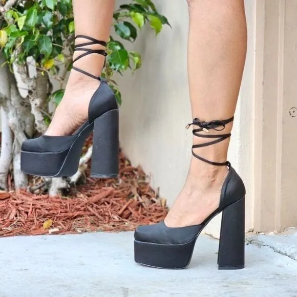 Womens Satin Platform Chunky Lace Up Heels Black Color