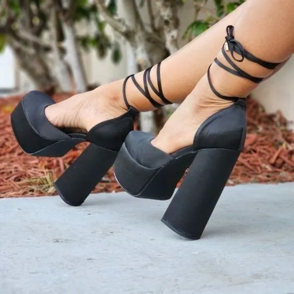 Womens Satin Platform Chunky Lace Up Heels Black Color