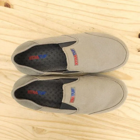 XtraTuf Sheng Fu Mens Slip On Shoes Sz 7.5 Gray Canvas Deck Loafers Comfort