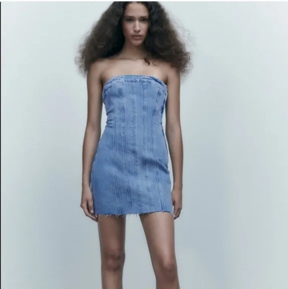 Zara Denim Mini Strapless Dress BlueSize S and L