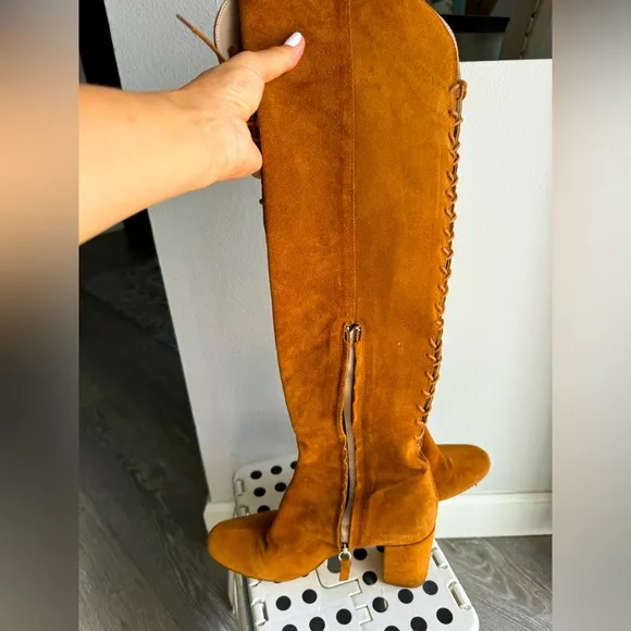Zara genuine suede leather tall boots laces zipper over the knee size 39 (8-8.5)