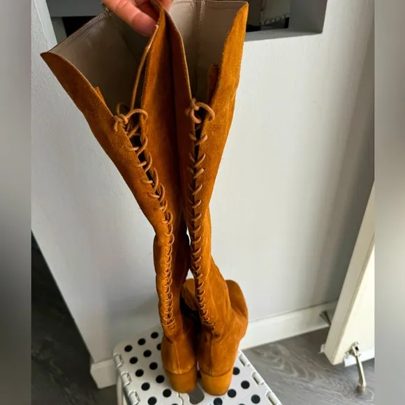 Zara genuine suede leather tall boots laces zipper over the knee size 39 (8-8.5)