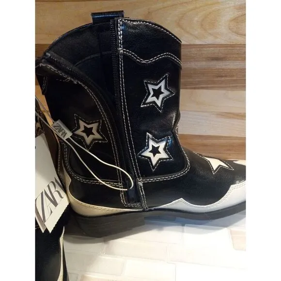 Zara Girls Black White Star Western High Ankle boots Size 13.5‎