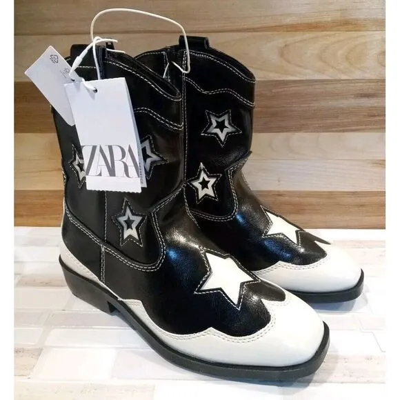 Zara Girls Black White Star Western High Ankle boots Size 13.5‎