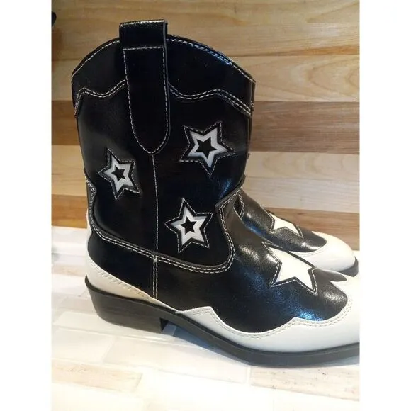 Zara Girls Black White Star Western High Ankle boots Size 13.5‎