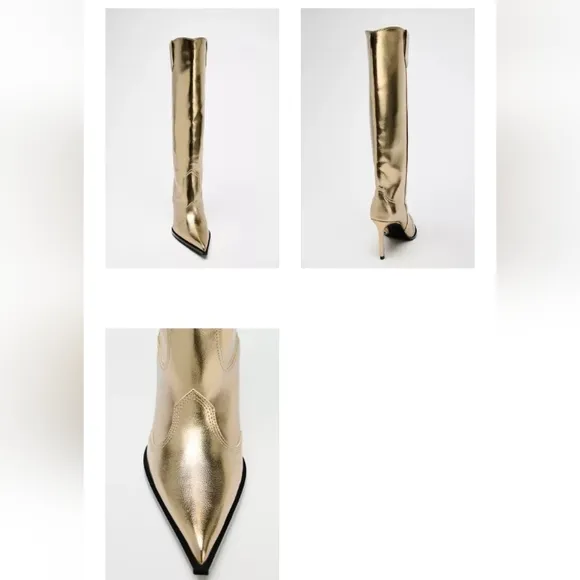 Zara Gold Metallic Effect Knee-High Boots Sz 10