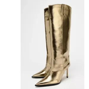 Zara Gold Metallic Effect Knee-High Boots Sz 10