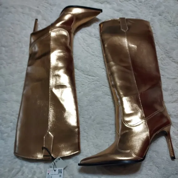 Zara Gold Metallic Effect Knee-High Boots Sz 10